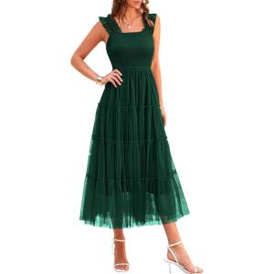 imagePRETTYGARDEN Womens Summer Midi Tulle Dress Sleeveless Smocked Square Neck Ruffle Flowy Party Wedding Guest SundressDark Green