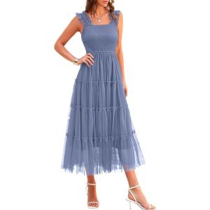 imagePRETTYGARDEN Womens Summer Midi Tulle Dress Sleeveless Smocked Square Neck Ruffle Flowy Party Wedding Guest SundressGrey Blue
