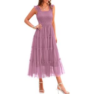 imagePRETTYGARDEN Womens Summer Midi Tulle Dress Sleeveless Smocked Square Neck Ruffle Flowy Party Wedding Guest SundressGrey Purple