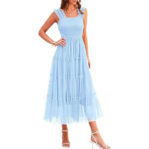 imagePRETTYGARDEN Womens Summer Midi Tulle Dress Sleeveless Smocked Square Neck Ruffle Flowy Party Wedding Guest SundressLight Blue