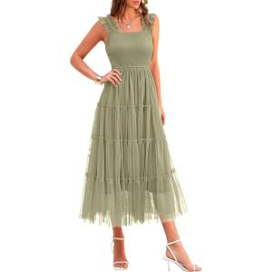 imagePRETTYGARDEN Womens Summer Midi Tulle Dress Sleeveless Smocked Square Neck Ruffle Flowy Party Wedding Guest SundressLight Green