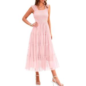 imagePRETTYGARDEN Womens Summer Midi Tulle Dress Sleeveless Smocked Square Neck Ruffle Flowy Party Wedding Guest SundressLight Pink