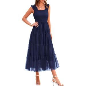 imagePRETTYGARDEN Womens Summer Midi Tulle Dress Sleeveless Smocked Square Neck Ruffle Flowy Party Wedding Guest SundressNavy