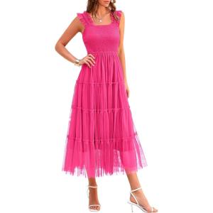 imagePRETTYGARDEN Womens Summer Midi Tulle Dress Sleeveless Smocked Square Neck Ruffle Flowy Party Wedding Guest SundressRose Red