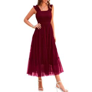 imagePRETTYGARDEN Womens Summer Midi Tulle Dress Sleeveless Smocked Square Neck Ruffle Flowy Party Wedding Guest SundressWine Red