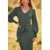 imagePRETTYGARDEN Womens Fall Knit Pullover Sweater Dress Elegant Long Lantern Sleeve V Neck Winter Maxi Bodycon DressesArmy Green