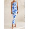 imagePRETTYGARDEN Womens One Shoulder Bodycon Dress Summer 2025 Printed Ruched Mesh Dress Party Cocktail Fitted Long DressBlue