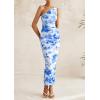 imagePRETTYGARDEN Womens One Shoulder Bodycon Dress Summer 2025 Printed Ruched Mesh Dress Party Cocktail Fitted Long DressBlue