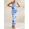 imagePRETTYGARDEN Womens One Shoulder Bodycon Dress Summer 2025 Printed Ruched Mesh Dress Party Cocktail Fitted Long DressBlue