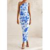imagePRETTYGARDEN Womens One Shoulder Bodycon Dress Summer 2025 Printed Ruched Mesh Dress Party Cocktail Fitted Long DressBlue