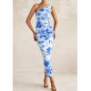 imagePRETTYGARDEN Womens One Shoulder Bodycon Dress Summer 2025 Printed Ruched Mesh Dress Party Cocktail Fitted Long DressBlue