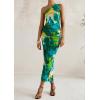 imagePRETTYGARDEN Womens One Shoulder Bodycon Dress Summer 2025 Printed Ruched Mesh Dress Party Cocktail Fitted Long DressGreen Floral