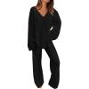imagePRETTYGARDEN Womens 2 Piece Pullover Sweater Set Oversized V Neck Top Wide Leg Pants Fall Winter Fuzzy Lounge OutfitBlack