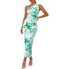 imagePRETTYGARDEN Womens One Shoulder Bodycon Dress Summer 2025 Printed Ruched Mesh Dress Party Cocktail Fitted Long DressGreen