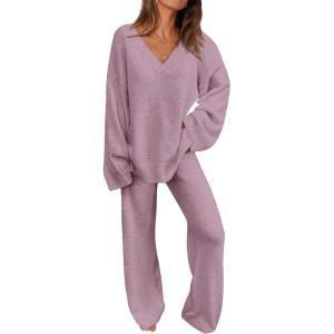 imagePRETTYGARDEN Womens 2 Piece Pullover Sweater Set Oversized V Neck Top Wide Leg Pants Fall Winter Fuzzy Lounge OutfitBean Paste Purple