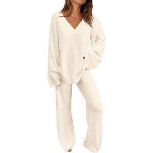 imagePRETTYGARDEN Womens 2 Piece Pullover Sweater Set Oversized V Neck Top Wide Leg Pants Fall Winter Fuzzy Lounge OutfitBeige