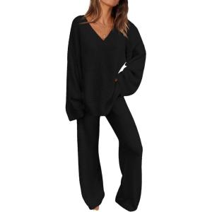 imagePRETTYGARDEN Womens 2 Piece Pullover Sweater Set Oversized V Neck Top Wide Leg Pants Fall Winter Fuzzy Lounge OutfitBlack
