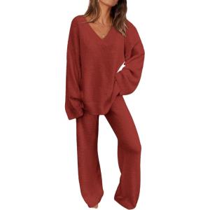 imagePRETTYGARDEN Womens 2 Piece Pullover Sweater Set Oversized V Neck Top Wide Leg Pants Fall Winter Fuzzy Lounge OutfitBrick Red