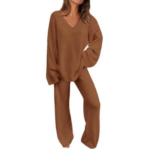 imagePRETTYGARDEN Womens 2 Piece Pullover Sweater Set Oversized V Neck Top Wide Leg Pants Fall Winter Fuzzy Lounge OutfitBrown