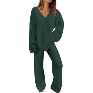 imagePRETTYGARDEN Womens 2 Piece Pullover Sweater Set Oversized V Neck Top Wide Leg Pants Fall Winter Fuzzy Lounge OutfitDark Green