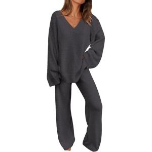 imagePRETTYGARDEN Womens 2 Piece Pullover Sweater Set Oversized V Neck Top Wide Leg Pants Fall Winter Fuzzy Lounge OutfitDark Grey
