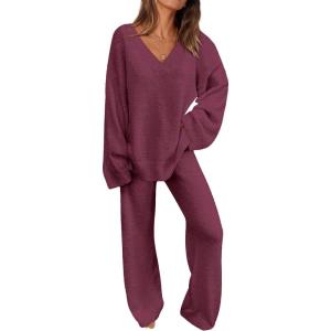 imagePRETTYGARDEN Womens 2 Piece Pullover Sweater Set Oversized V Neck Top Wide Leg Pants Fall Winter Fuzzy Lounge OutfitDark Purple