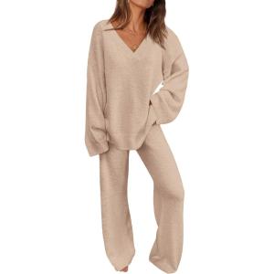 imagePRETTYGARDEN Womens 2 Piece Pullover Sweater Set Oversized V Neck Top Wide Leg Pants Fall Winter Fuzzy Lounge OutfitKhaki