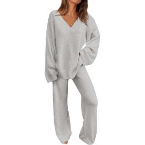 imagePRETTYGARDEN Womens 2 Piece Pullover Sweater Set Oversized V Neck Top Wide Leg Pants Fall Winter Fuzzy Lounge OutfitLight Grey