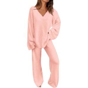 imagePRETTYGARDEN Womens 2 Piece Pullover Sweater Set Oversized V Neck Top Wide Leg Pants Fall Winter Fuzzy Lounge OutfitLight Pink