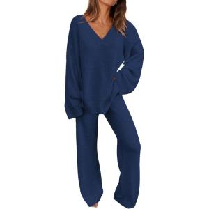 imagePRETTYGARDEN Womens 2 Piece Pullover Sweater Set Oversized V Neck Top Wide Leg Pants Fall Winter Fuzzy Lounge OutfitNavy