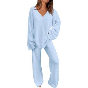 imagePRETTYGARDEN Womens 2 Piece Pullover Sweater Set Oversized V Neck Top Wide Leg Pants Fall Winter Fuzzy Lounge OutfitSky Blue