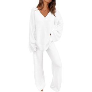 imagePRETTYGARDEN Womens 2 Piece Pullover Sweater Set Oversized V Neck Top Wide Leg Pants Fall Winter Fuzzy Lounge OutfitWhite