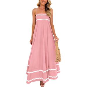 imagePRETTYGARDEN Womens 2025 Summer Flowy Maxi Dress Casual Sleeveless Spaghetti Strap Ruffle Beach Long DressesPink