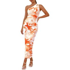 imagePRETTYGARDEN Womens One Shoulder Bodycon Dress Summer 2025 Printed Ruched Mesh Dress Party Cocktail Fitted Long DressLight Orange
