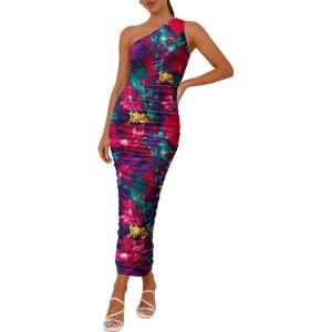 imagePRETTYGARDEN Womens One Shoulder Bodycon Dress Summer 2025 Printed Ruched Mesh Dress Party Cocktail Fitted Long DressNavy Red Flower
