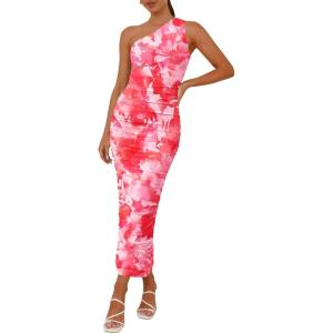 imagePRETTYGARDEN Womens One Shoulder Bodycon Dress Summer 2025 Printed Ruched Mesh Dress Party Cocktail Fitted Long DressPink
