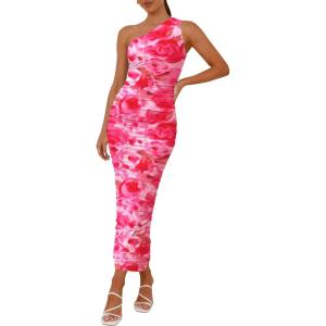 imagePRETTYGARDEN Womens One Shoulder Bodycon Dress Summer 2025 Printed Ruched Mesh Dress Party Cocktail Fitted Long DressPink Floral