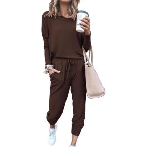 imagePRETTYGARDEN Womens Spring Fall 2 Piece Lounge Outfit Long Sleeve Crewneck Pullover Tops High Waisted Pants Set TracksuitBrown