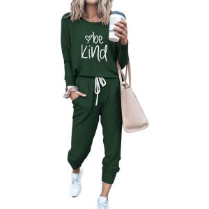 imagePRETTYGARDEN Womens Spring Fall 2 Piece Lounge Outfit Long Sleeve Crewneck Pullover Tops High Waisted Pants Set TracksuitPatterneddark Green