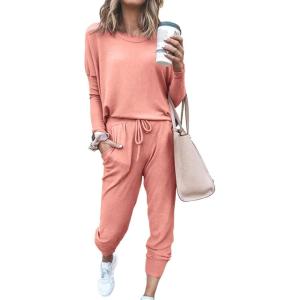 imagePRETTYGARDEN Womens Spring Fall 2 Piece Lounge Outfit Long Sleeve Crewneck Pullover Tops High Waisted Pants Set TracksuitPink