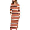 imagePRETTYGARDEN Womens Striped Spring Midi Sweater Dress Fall Long Sleeve Button Up V Neck Knit Bodycon Vacation Party DressesStriped Orange