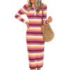 imagePRETTYGARDEN Womens Striped Spring Midi Sweater Dress Fall Long Sleeve Button Up V Neck Knit Bodycon Vacation Party DressesStriped Rose Red
