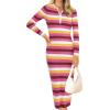 imagePRETTYGARDEN Womens Striped Spring Midi Sweater Dress Fall Long Sleeve Button Up V Neck Knit Bodycon Vacation Party DressesStriped Rose Red