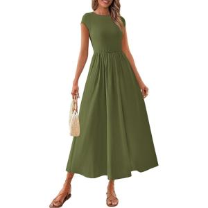 imagePRETTYGARDEN Womens 2025 Summer Casual Long Dresses Cap Sleeve Patchwork A Line Flowy Modest Elegant Homecoming Maxi DressArmy Green