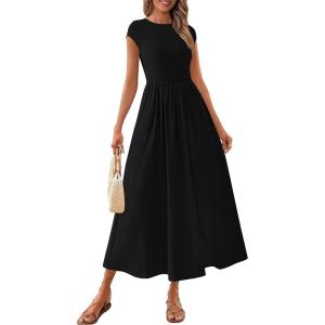 imagePRETTYGARDEN Womens 2025 Summer Casual Long Dresses Cap Sleeve Patchwork A Line Flowy Modest Elegant Homecoming Maxi DressBlack
