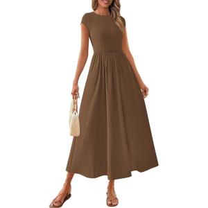 imagePRETTYGARDEN Womens 2025 Summer Casual Long Dresses Cap Sleeve Patchwork A Line Flowy Modest Elegant Homecoming Maxi DressDark Coffee