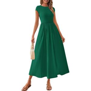 imagePRETTYGARDEN Womens 2025 Summer Casual Long Dresses Cap Sleeve Patchwork A Line Flowy Modest Elegant Homecoming Maxi DressDark Green