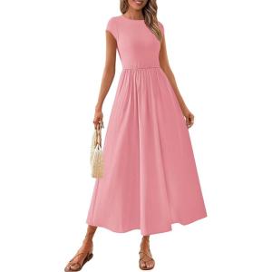 imagePRETTYGARDEN Womens 2025 Summer Casual Long Dresses Cap Sleeve Patchwork A Line Flowy Modest Elegant Homecoming Maxi DressPink