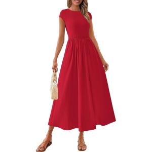 imagePRETTYGARDEN Womens 2025 Summer Casual Long Dresses Cap Sleeve Patchwork A Line Flowy Modest Elegant Homecoming Maxi DressRed