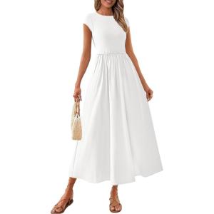 imagePRETTYGARDEN Womens 2025 Summer Casual Long Dresses Cap Sleeve Patchwork A Line Flowy Modest Elegant Homecoming Maxi DressWhite